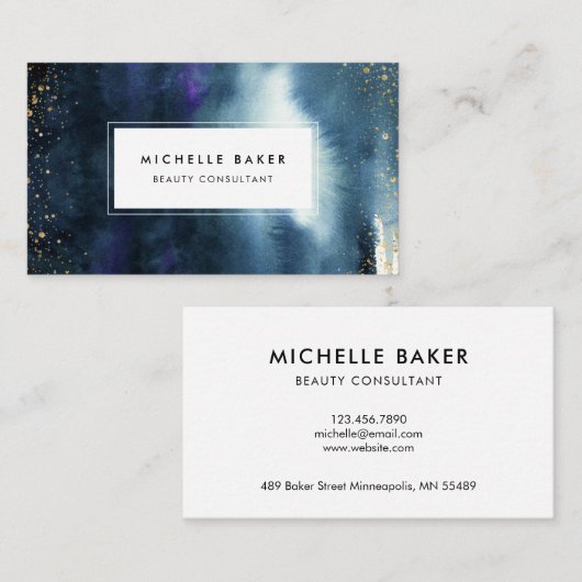メーキャップアーティストのモダンな濃紺の水彩画 名刺 (正面/裏面)