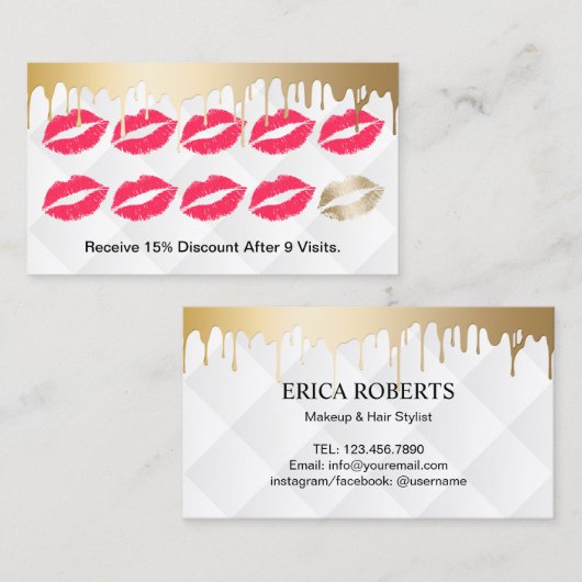 メーキャップアーティストのモダンな金ゴールドの滴りの赤い唇のロイヤリティ ロイヤリティカード (正面/裏面)