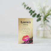 メーキャップアーティストの光沢のある唇Nのレースのピンクのオレンジの金ゴールド 名刺 (スタンド正面)