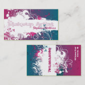 メーキャップアーティストの名刺のグランジな（ばちゃばちゃ）跳ねるのピンク 名刺 (正面/裏面)