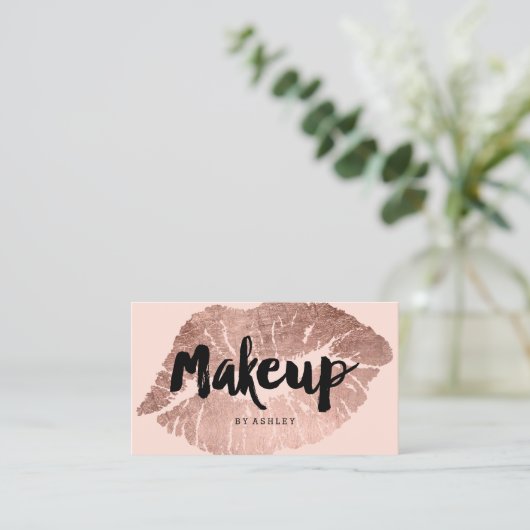 メーキャップアーティストの唇のばら色の金ゴールドのタイポグラフィの赤面 名刺 (スタンド正面)