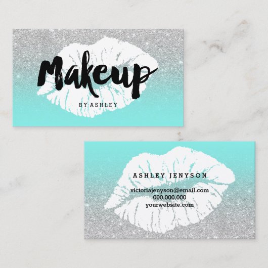 メーキャップアーティストの唇のタイポグラフィの銀のグリッターのティール(緑がかった色) 名刺 (正面/裏面)