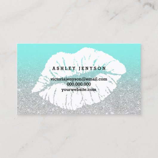 メーキャップアーティストの唇のタイポグラフィの銀のグリッターのティール(緑がかった色) 名刺 (裏面)