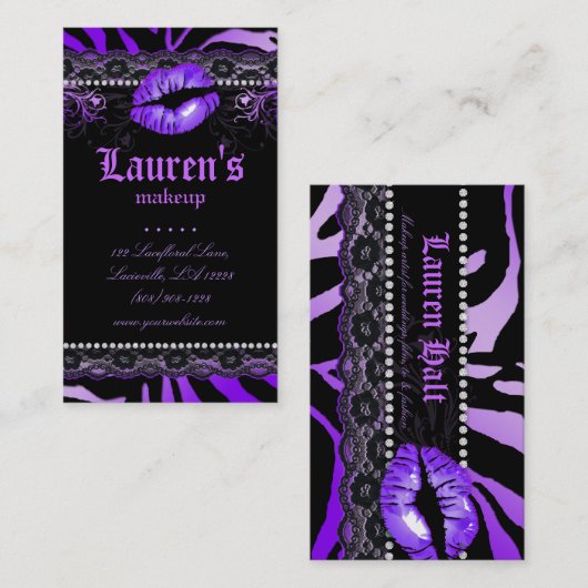 メーキャップアーティストの唇Nのレースの紫色のシマウマのモダン 名刺 (正面/裏面)