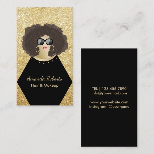 メーキャップアーティストの美容師のアフリカのシックな黒及び金ゴールド 名刺 (正面/裏面)