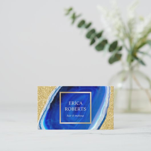 メーキャップアーティストの美容師のモダンで青い金ゴールドの美しい 名刺 (スタンド正面)