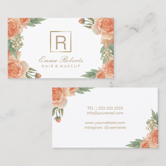 メーキャップアーティストの美容師のヴィンテージの花柄のモノグラム 名刺 (正面/裏面)