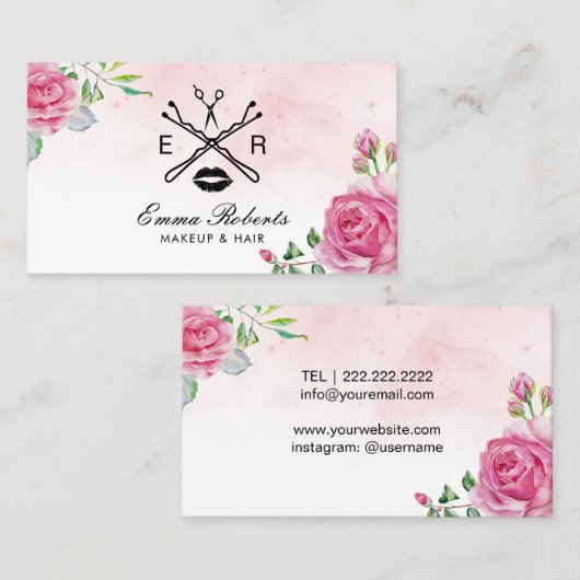 メーキャップアーティストの美容師の水彩画の花柄のサロン 名刺 (正面/裏面)
