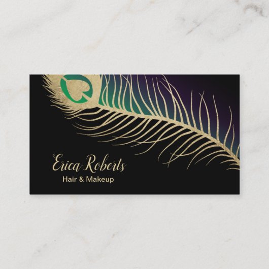メーキャップアーティストの美容師の金ゴールドの孔雀の羽 名刺 (正面)