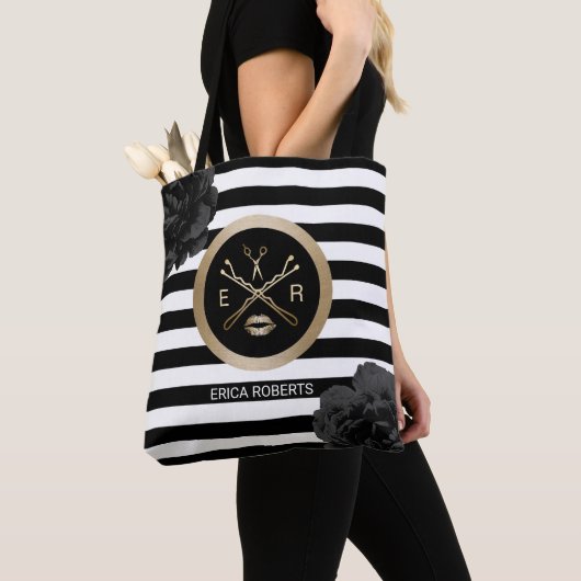 メーキャップアーティストの美容師の黒の花柄は縞で飾ります トートバッグ (クローズアップ)