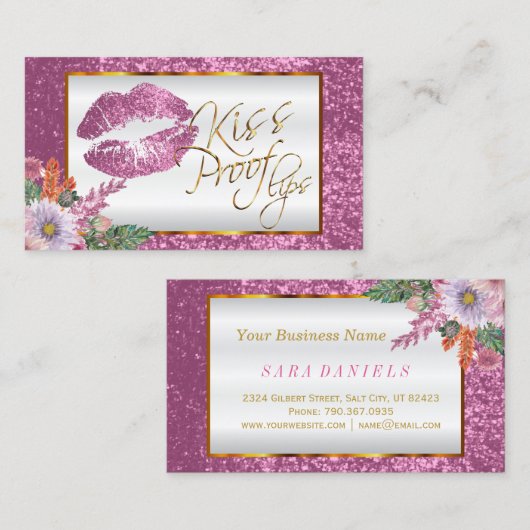 メーキャップアーティストの花のピンクのグリッターのキスの証拠の唇 名刺 (正面/裏面)