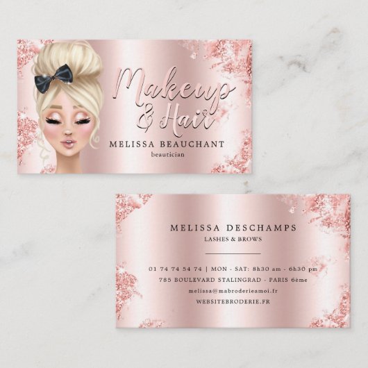 メーキャップアーティストの豪華なグリッターのばら色の金ゴールドのまつげ 名刺 (正面/裏面)