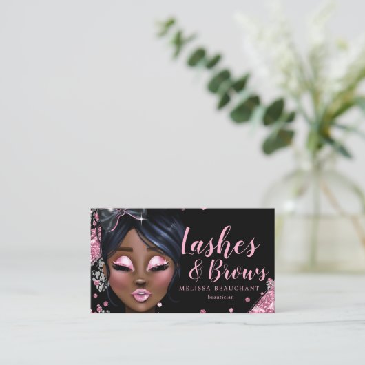 メーキャップアーティストの豪華なグリッターのピンクの黒のまつげ 名刺 (スタンド正面)