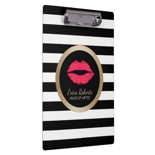 メーキャップアーティストの赤い唇のモダンな白黒のストライプ クリップボード (右)
