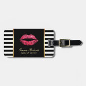 メーキャップアーティストの赤い唇のモダンな白黒のストライプ ラゲッジタグ (正面横)