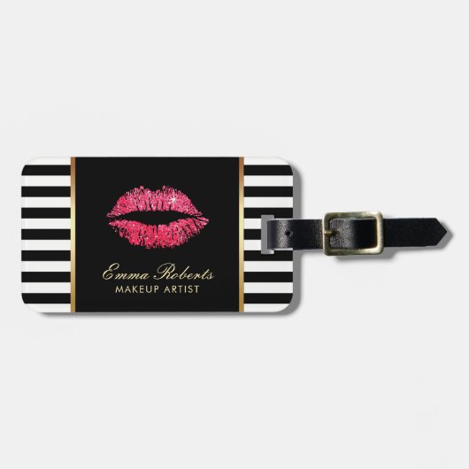 メーキャップアーティストの赤い唇のモダンな白黒のストライプ ラゲッジタグ (正面横)
