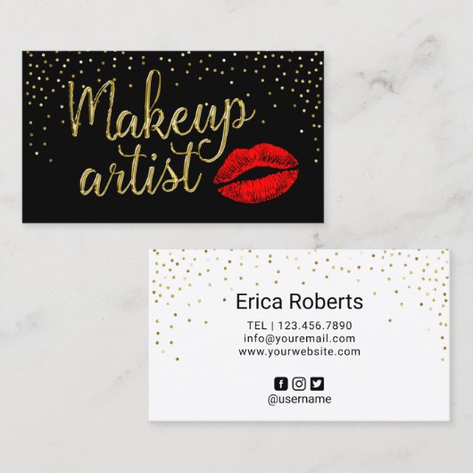 メーキャップアーティストの赤い唇のモダンな金ゴールド3Dの原稿 名刺 (正面/裏面)