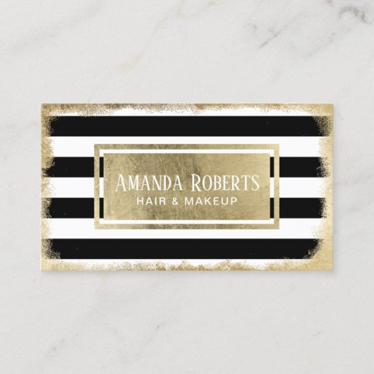 メーキャップアーティストの金ゴールドのラベルのモダンのストライプなサロン 名刺 (正面)