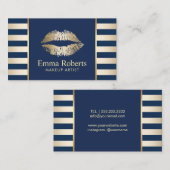 メーキャップアーティストの金ゴールドの唇の濃紺及び金ストライプ 名刺 (正面/裏面)