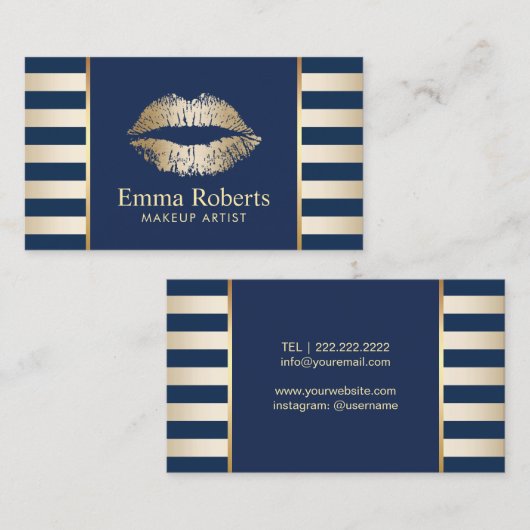 メーキャップアーティストの金ゴールドの唇の濃紺及び金ストライプ 名刺 (正面/裏面)