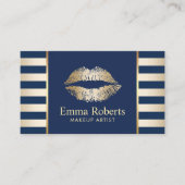 メーキャップアーティストの金ゴールドの唇の濃紺及び金ストライプ 名刺 (正面)