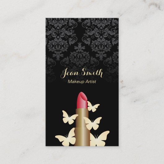 メーキャップアーティストの金ゴールドの蝶ヴィンテージのダマスク織 名刺 (正面)