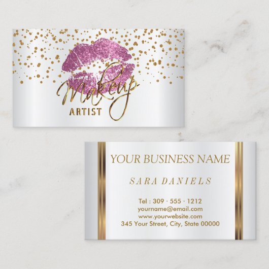 メーキャップアーティストの金紙吹雪及びそうピンクの唇 名刺 (正面/裏面)