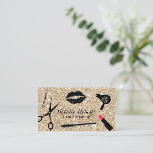 メーキャップアーティスト及びヘアーサロンのモダンな金ゴールドのグリッター 名刺 (スタンド正面)