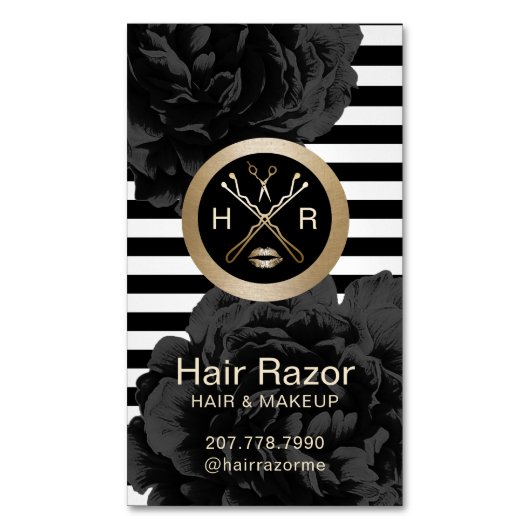メーキャップアーティスト及び美容師のモダンのストライプな花柄 マグネット名刺 (正面縦)