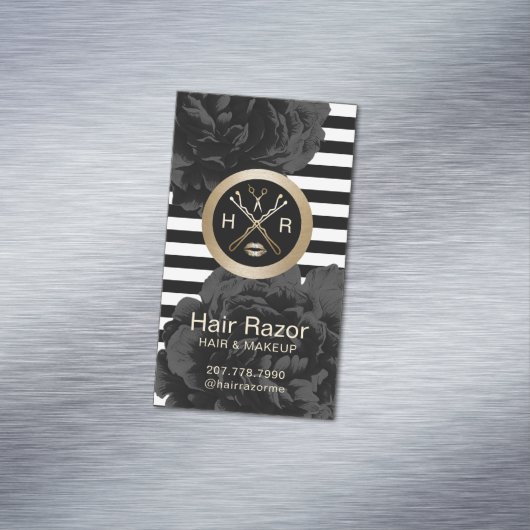 メーキャップアーティスト及び美容師のモダンのストライプな花柄 マグネット名刺 (インサイチュ)