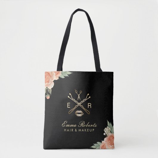 メーキャップアーティスト及び美容師のヴィンテージの花柄の黒 トートバッグ (正面)