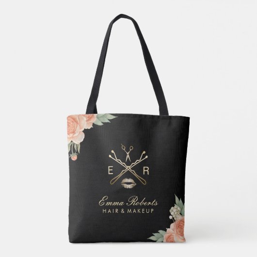メーキャップアーティスト及び美容師のヴィンテージの花柄の黒 トートバッグ (裏面)