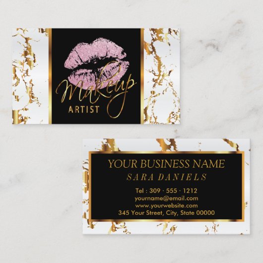 メーキャップアーティスト-白い大理石の金ゴールドのアクセント 名刺 (正面/裏面)