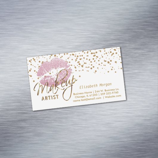 メーキャップアーティスト-金ゴールドの紙吹雪およびピンクの唇2 マグネット名刺 (インサイチュ)