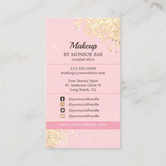 メークアップアーティスト美しいサロングラムピンク金ゴールドグリッター 名刺 (裏面)