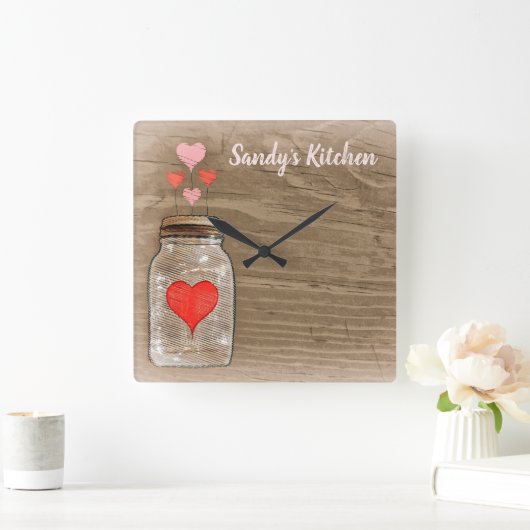 メーソンジャーおよびハートのパーソナライズな台所時計 スクエア壁時計 (ホーム)