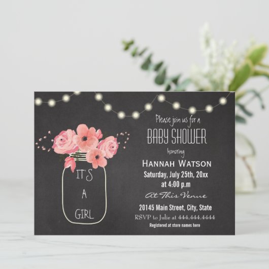 メーソンジャーによってはライト黒板のベビーシャワーが開花します 招待状 (スタンド正面)