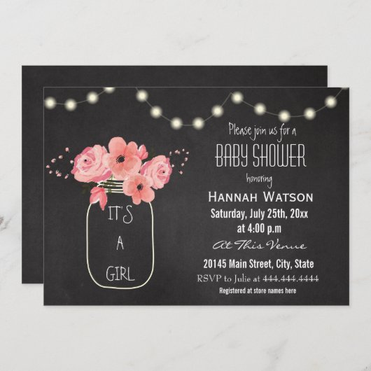 メーソンジャーによってはライト黒板のベビーシャワーが開花します 招待状 (正面/裏面)