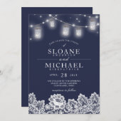 メーソンジャーのひもはレースの濃紺の結婚式をつけます 招待状 (正面/裏面)