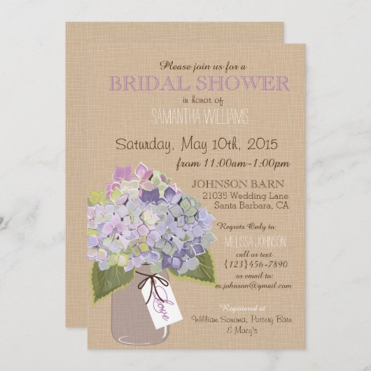 メーソンジャーのアジサイの素朴なブライダルシャワー 招待状 (正面/裏面)
