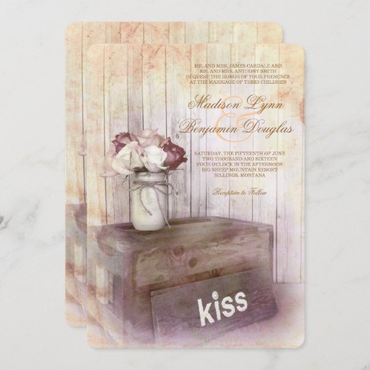 メーソンジャーのキスの木製の素朴な国の結婚式の招待 招待状 (正面/裏面)