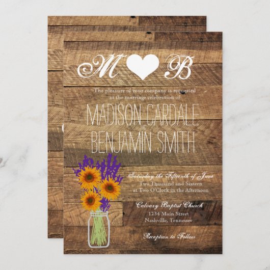 メーソンジャーのヒマワリの納屋木結婚式招待状 招待状 (正面/裏面)