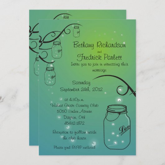 メーソンジャーのホタルの結婚式招待状の緑のティール（緑がかった色） 招待状 (正面/裏面)
