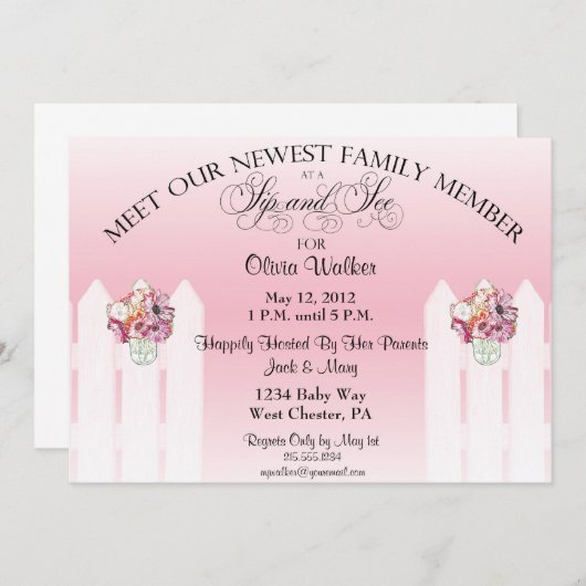 メーソンジャーの一口は女の赤ちゃんの招待状を見、 招待状 (正面/裏面)