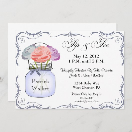 メーソンジャーの一口は男の子の招待状を見、 招待状 (正面/裏面)