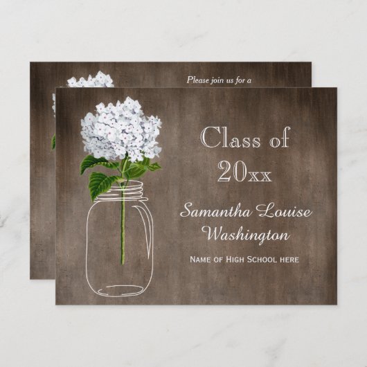 メーソンジャーの白いアジサイの素朴な卒業パーティー 招待状 (正面/裏面)