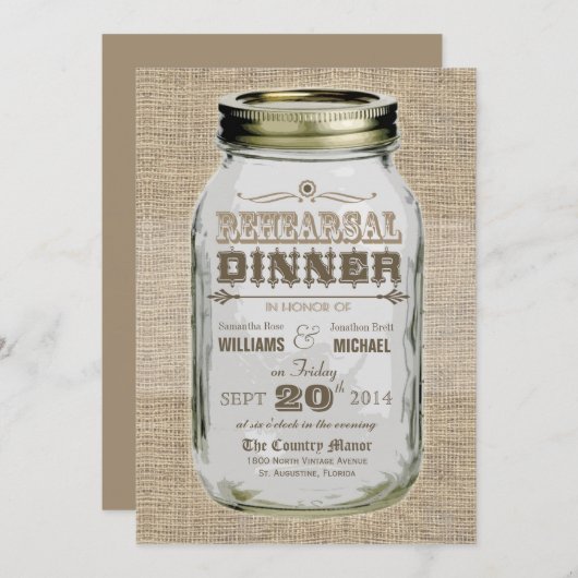 メーソンジャーの素朴なヴィンテージの一見のリハーサルの夕食 招待状 (正面/裏面)