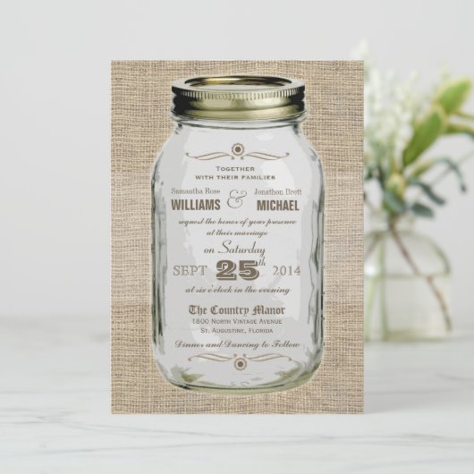 メーソンジャーの素朴なヴィンテージの一見の結婚式招待状 招待状 (スタンド正面)