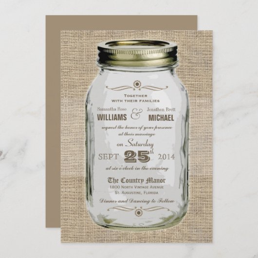メーソンジャーの素朴なヴィンテージの一見の結婚式招待状 招待状 (正面/裏面)