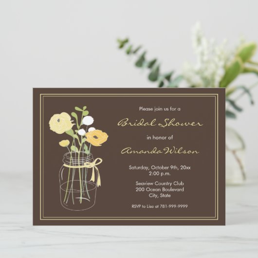 メーソンジャーブラウンおよび黄色いブライダルシャワーの招待 招待状 (スタンド正面)